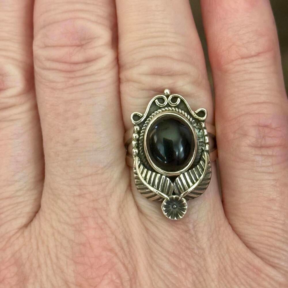 Unique Oval Black Onyx Solitaire 925 Sterling Silver Ring Natural Simple Sz 6 - Picture 4 of 6